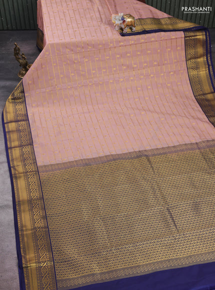 Pastel Pink & Navy Blue Semi Kanchipram Silk - Checks