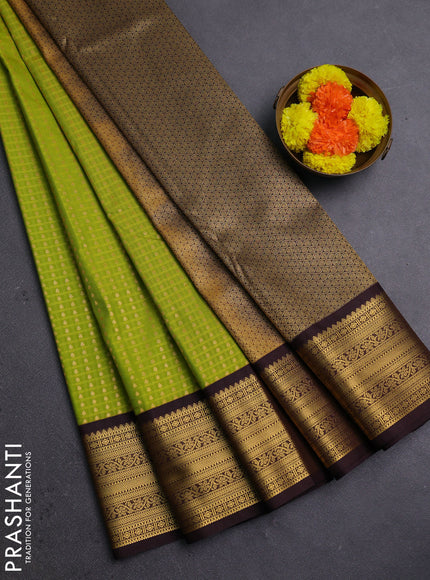 Lime Green & Coffee Brown Semi Kanchipram Silk - Self Emboss