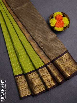 Lime Green & Coffee Brown Semi Kanchipram Silk - Self Emboss