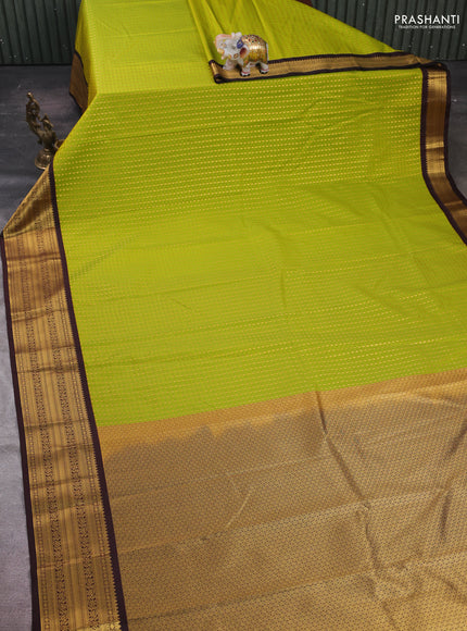 Lime Green & Coffee Brown Semi Kanchipram Silk - Self Emboss