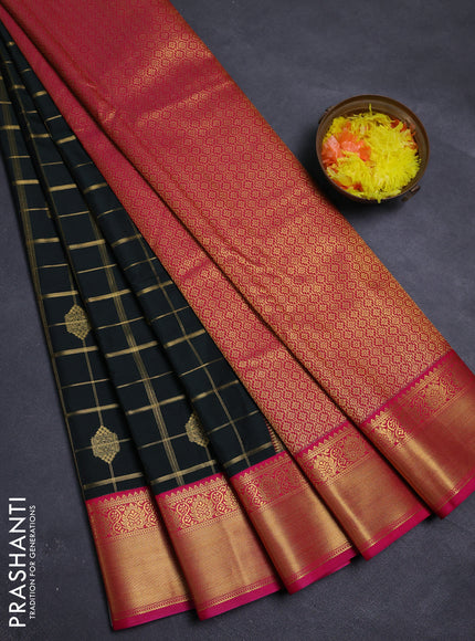 Bottle Green & Pink Semi Kanchipram Silk - Checks