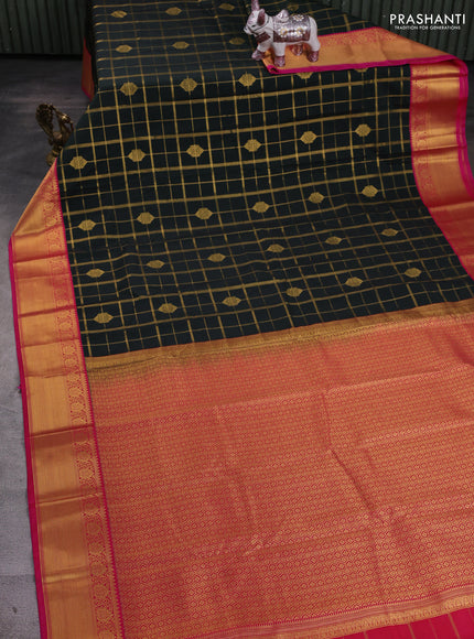 Bottle Green & Pink Semi Kanchipram Silk - Checks