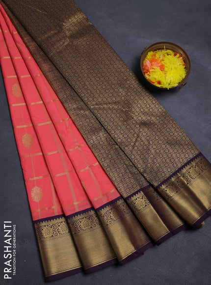 Peach Orange & Purple Semi Kanchipram Silk - Checks