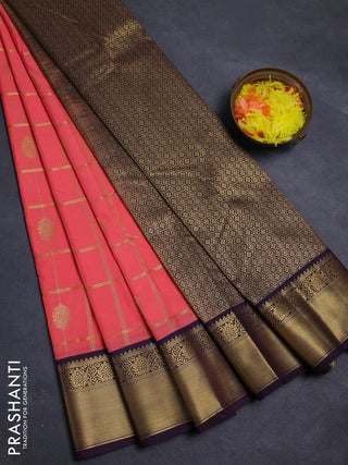Peach Orange & Purple Semi Kanchipram Silk - Checks