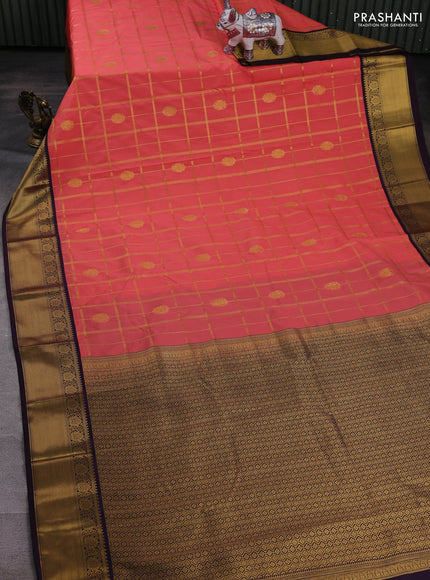 Peach Orange & Purple Semi Kanchipram Silk - Checks