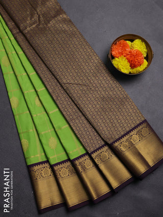 Lime Green & Purple Semi Kanchipram Silk - Checks