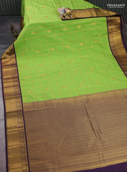 Lime Green & Purple Semi Kanchipram Silk - Checks