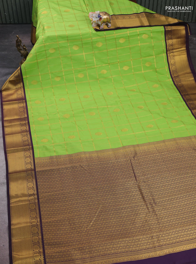 Lime Green & Purple Semi Kanchipram Silk - Checks