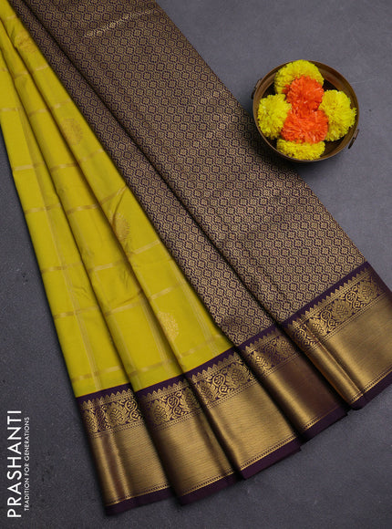 Lime Green & Coffee Brown Semi Kanchipram Silk - Checks