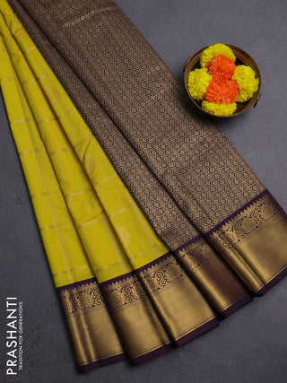 Lime Green & Coffee Brown Semi Kanchipram Silk - Checks