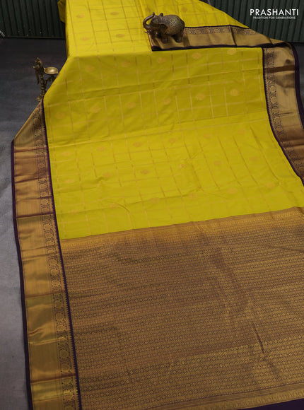 Lime Green & Coffee Brown Semi Kanchipram Silk - Checks