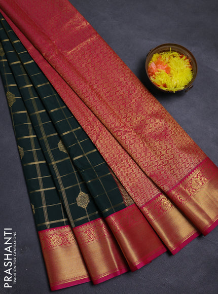 Bottle Green & Pink Semi Kanchipram Silk - Checks