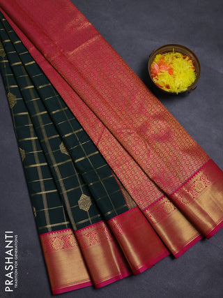 Bottle Green & Pink Semi Kanchipram Silk - Checks