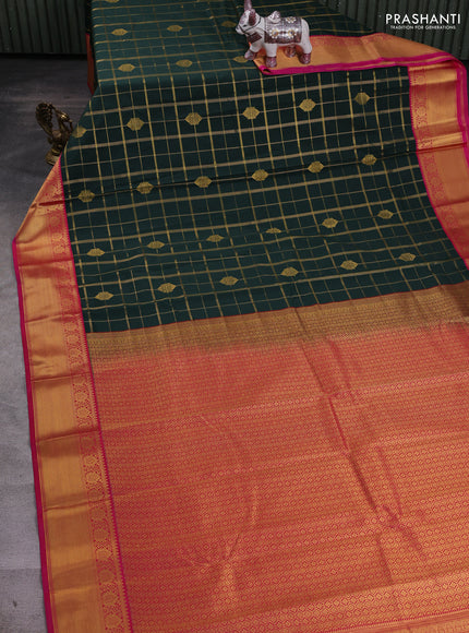 Bottle Green & Pink Semi Kanchipram Silk - Checks