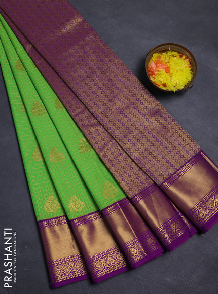 Lime Green & Purple Semi Kanchipram Silk - Checks