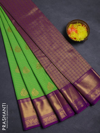 Lime Green & Purple Semi Kanchipram Silk - Checks