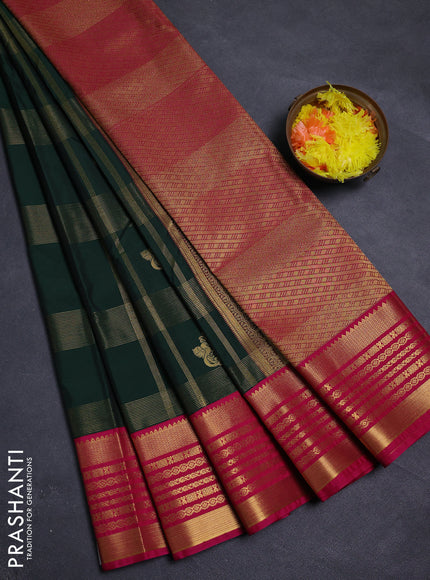 Bottle Green & Magenta Pink Semi Kanchipram Silk - Checks