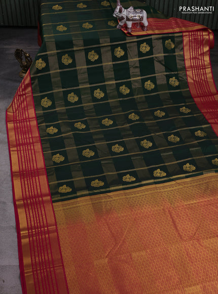 Bottle Green & Magenta Pink Semi Kanchipram Silk - Checks