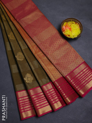 Mustard Green & Pink Semi Kanchipram Silk - Checks