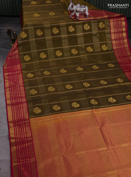 Mustard Green & Pink Semi Kanchipram Silk - Checks