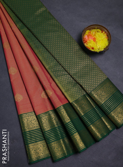 Sunset Orange & Green Semi Kanchipram Silk - Checks