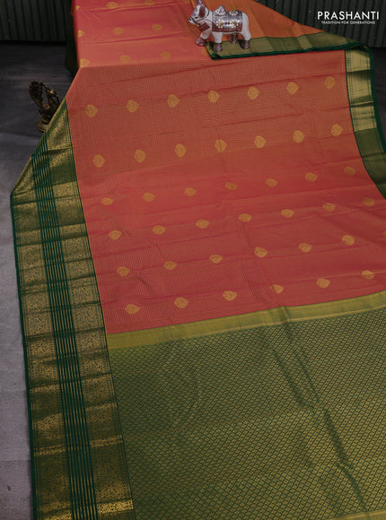 Sunset Orange & Green Semi Kanchipram Silk - Checks