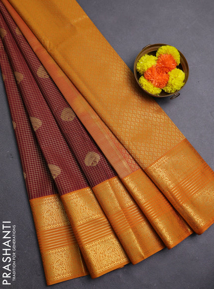 Rust & Mustard Yellow Semi Kanchipram Silk - Checks