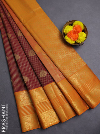 Rust & Mustard Yellow Semi Kanchipram Silk - Checks