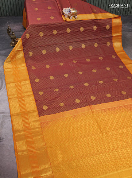 Rust & Mustard Yellow Semi Kanchipram Silk - Checks