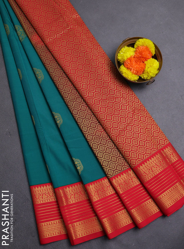 Teal Green & Red Semi Kanchipram Silk - Buttas