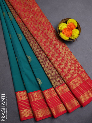 Teal Green & Red Semi Kanchipram Silk - Buttas