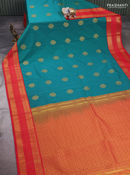 Teal Green & Red Semi Kanchipram Silk - Buttas