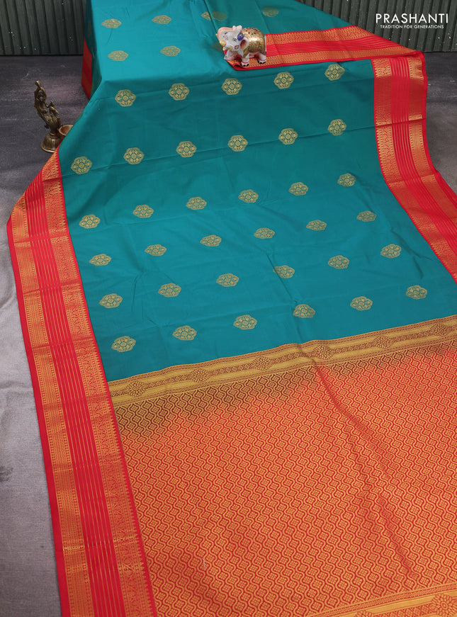 Teal Green & Red Semi Kanchipram Silk - Buttas