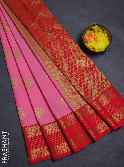 Peach Pink & Red Semi Kanchipram Silk - Buttas