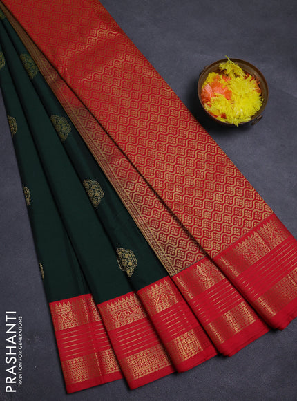 Bottle Green & Red Semi Kanchipram Silk - Buttas