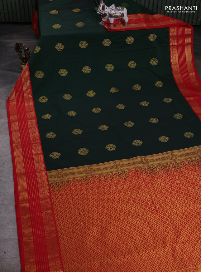 Bottle Green & Red Semi Kanchipram Silk - Buttas