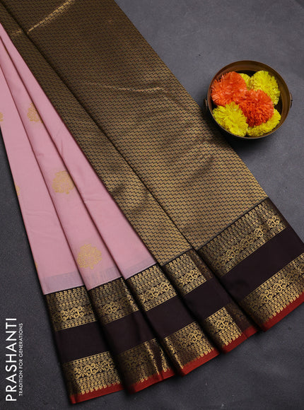 Pastel Pink & Coffee Brown Semi Kanchipram Silk - Buttas