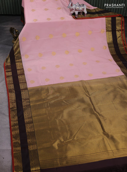 Pastel Pink & Coffee Brown Semi Kanchipram Silk - Buttas