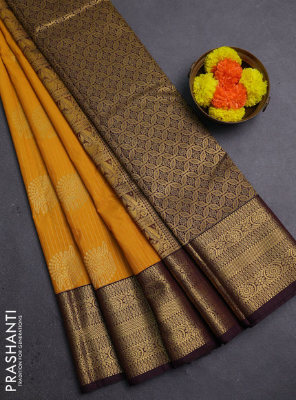 Mustard Yellow & Coffee Brown Semi Kanchipram Silk - Buttas
