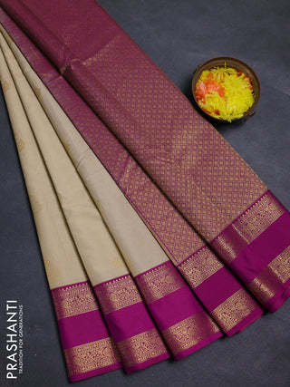 Beige & Magenta Pink Semi Kanchipram Silk - Buttas