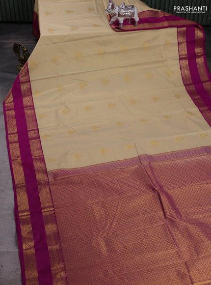 Beige & Magenta Pink Semi Kanchipram Silk - Buttas