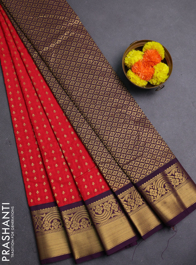 Red & Wine Semi Kanchipram Silk - Self Emboss