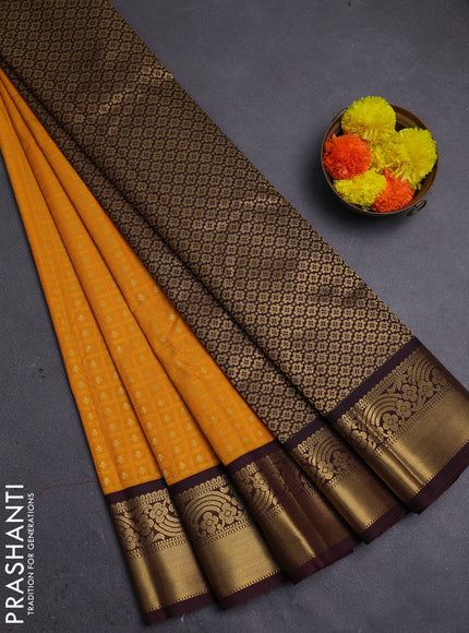 Yellow & Coffee Brown Semi Kanchipram Silk - Self Emboss