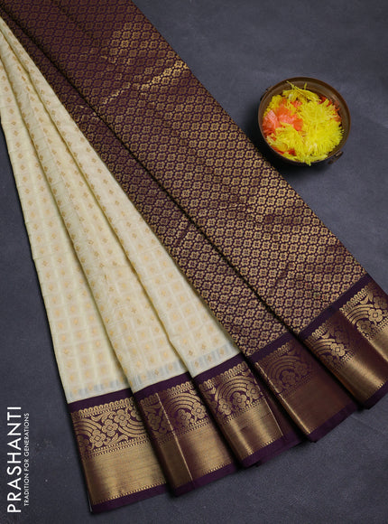 Cream & Purple Semi Kanchipram Silk - Self Emboss
