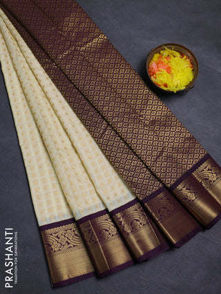 Cream & Purple Semi Kanchipram Silk - Self Emboss