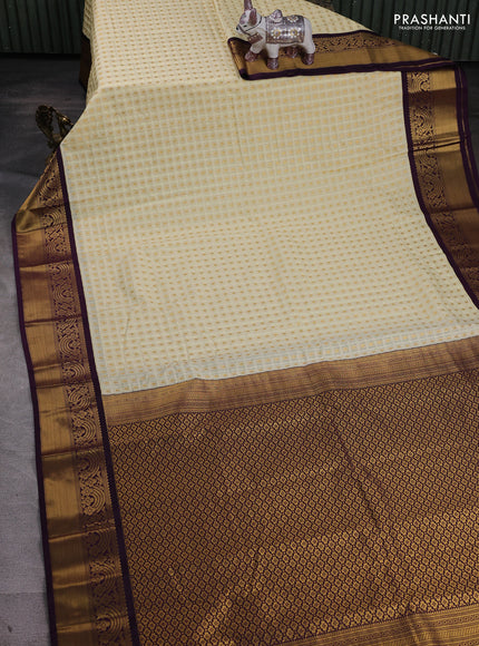 Cream & Purple Semi Kanchipram Silk - Self Emboss