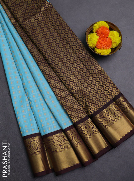 Aqua  Blue & Coffee Brown Semi Kanchipram Silk - Self Emboss
