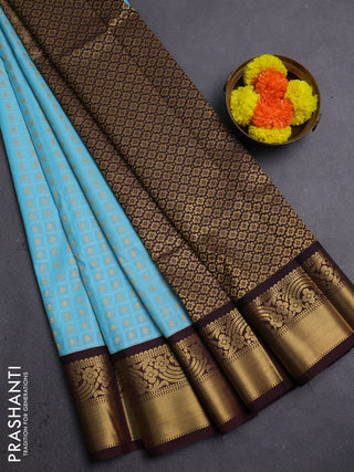 Aqua  Blue & Coffee Brown Semi Kanchipram Silk - Self Emboss