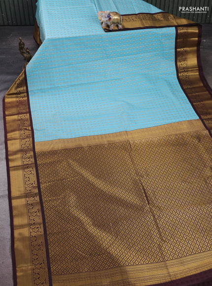 Aqua  Blue & Coffee Brown Semi Kanchipram Silk - Self Emboss