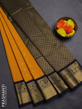 Mustard Yellow & Navy Blue Semi Kanchipram Silk - Buttas